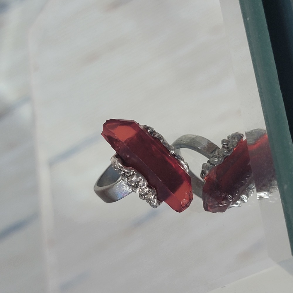 Ring | Silver-Colored | Red Plastic Stone | Size 6
